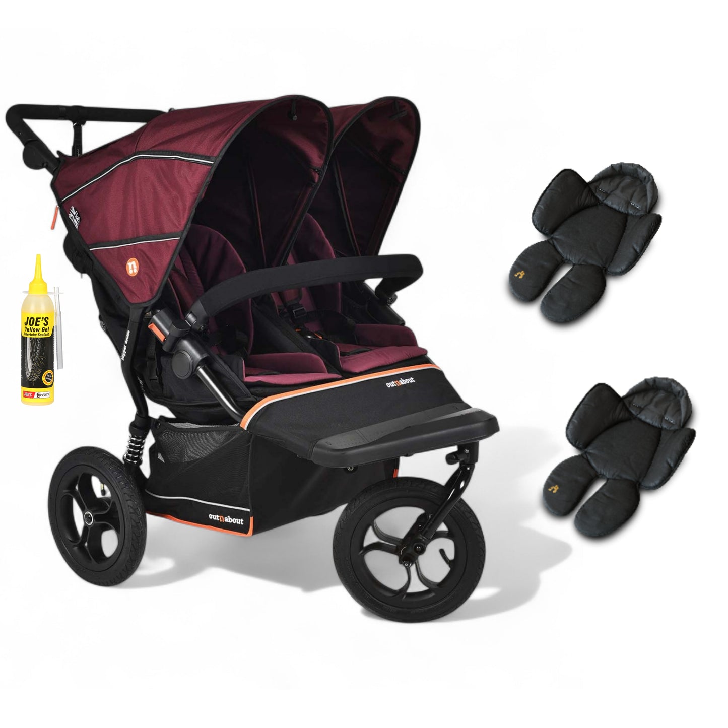 Out N About double nipper v6  in Bramble Berry red with 2 newborn inserts.