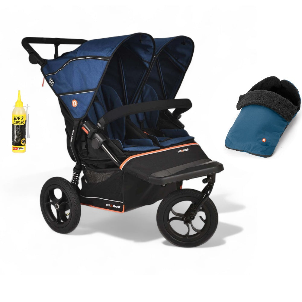 Out N About double nipper v6  in highland blue with 1 footmuff 