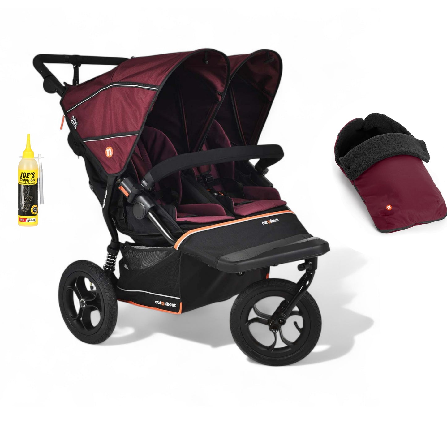 Out N About double nipper v6  in Bramble Berry red with 1 footmuff