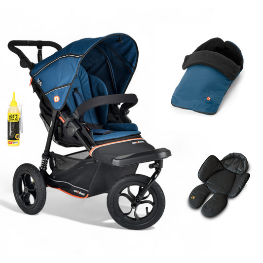 Out N About single V6 nipper in highland blue with footmuff and newborn insert