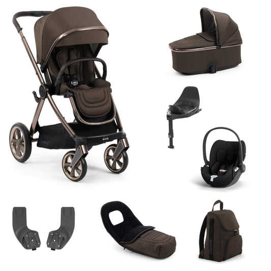 Oyster 4 Stroller in Chocolate Velvet with accessories, carrycot and cloud t and base