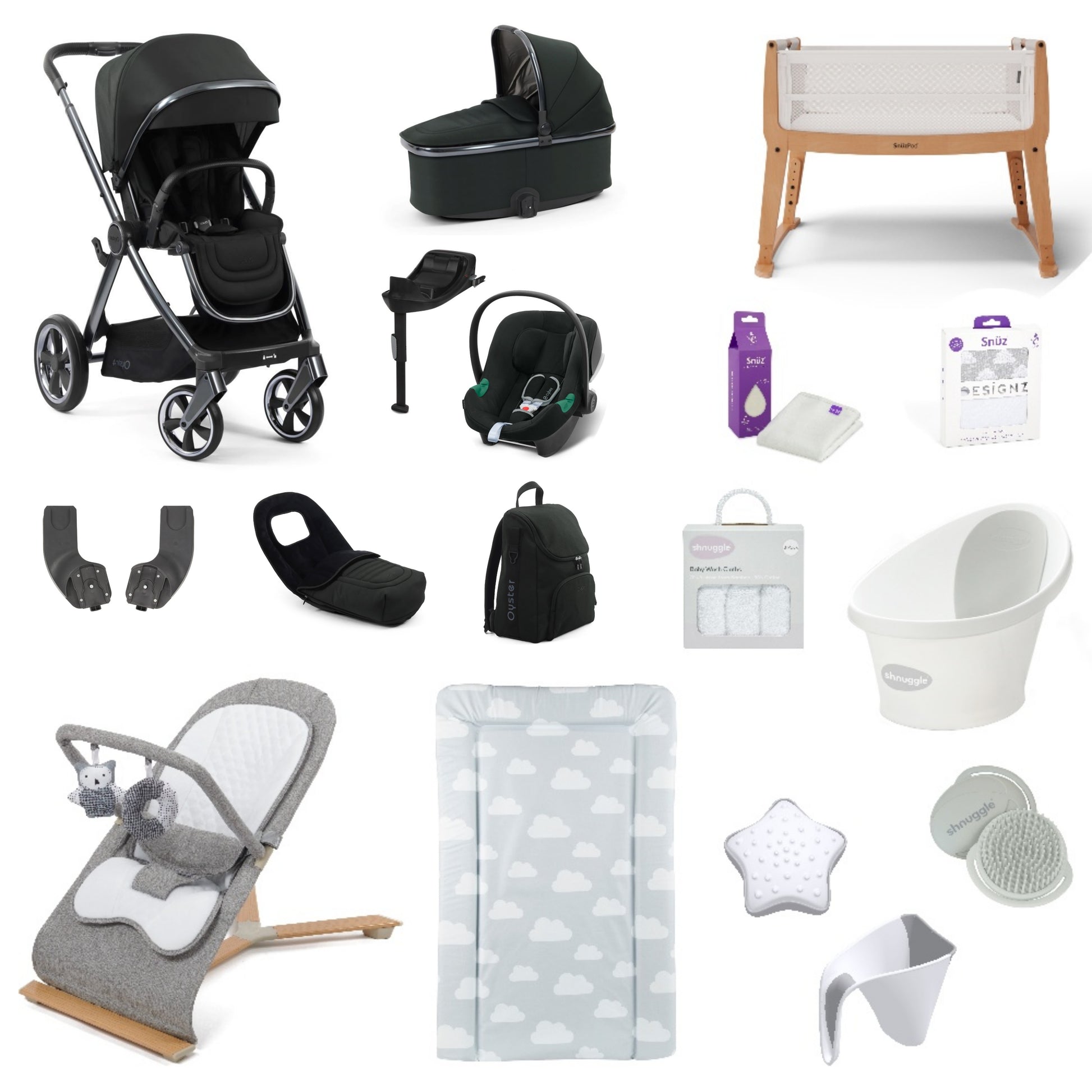 Oyster 4 Pushchair & carrycot in Black Olive, complete with all babies essential including car seat, crib, bath and bath time accessories.