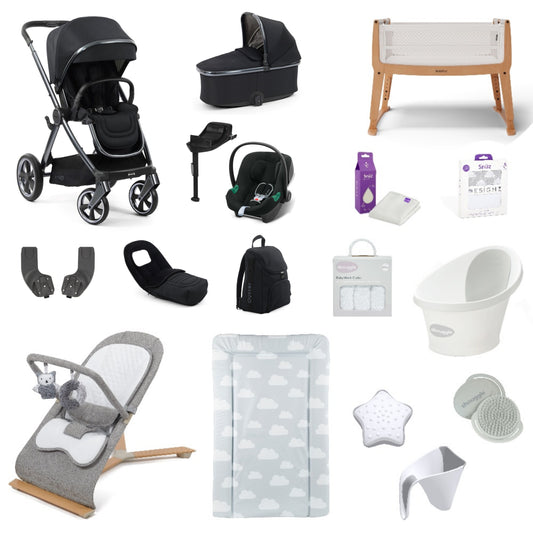 Oyster 4 Pushchair & carrycot in Carbonite, complete with all babies essential including car seat, crib, bath and bath time accessories.