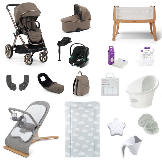 Oyster 4 Pushchair & carrycot in Mink, complete with all babies essential including car seat, crib, bath and bath time accessories.