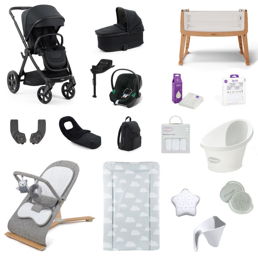 Oyster 3 Pushchair & carrycot in Raven, complete with all babies essential including car seat, crib, bath and bath time accessories.