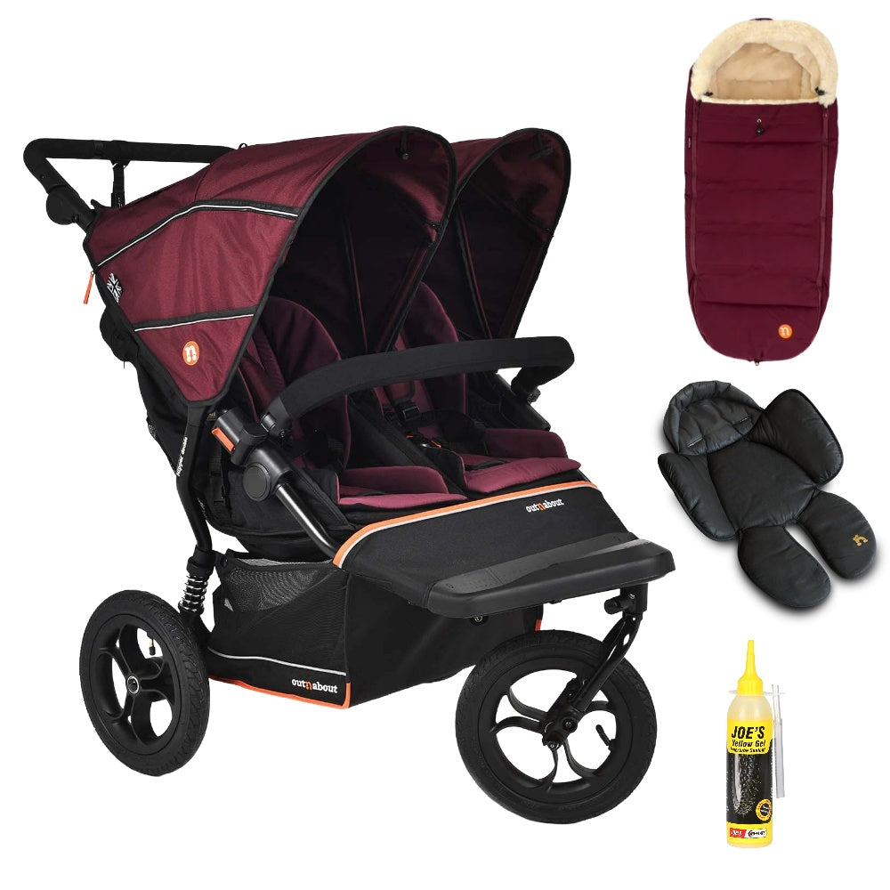 Out N About double nipper v6  in Bramble Berry red with 1 footmuff and 1 newborn insert.