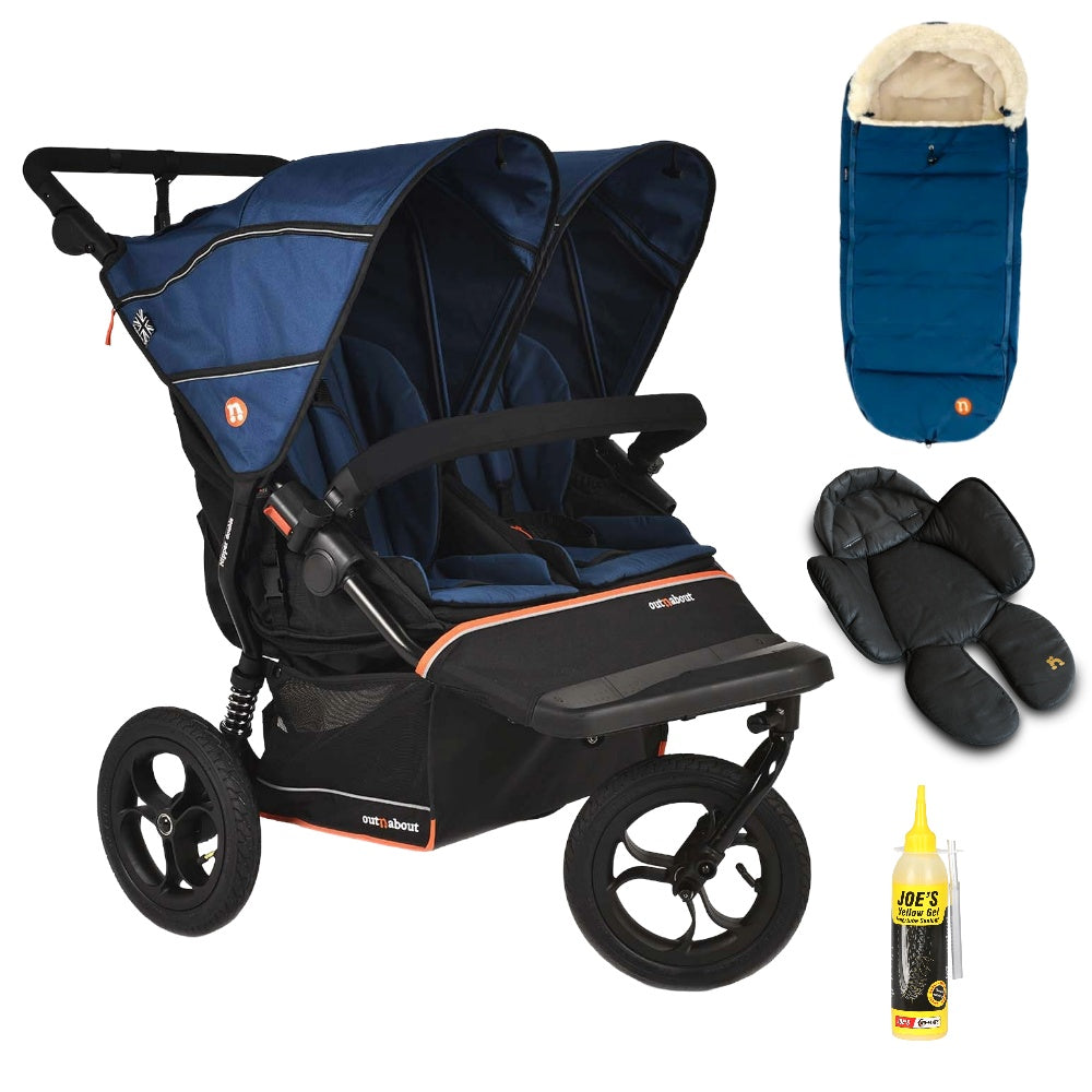 Out N About double nipper v6  in highland blue with 1 footmuff and 1 newborn insert.