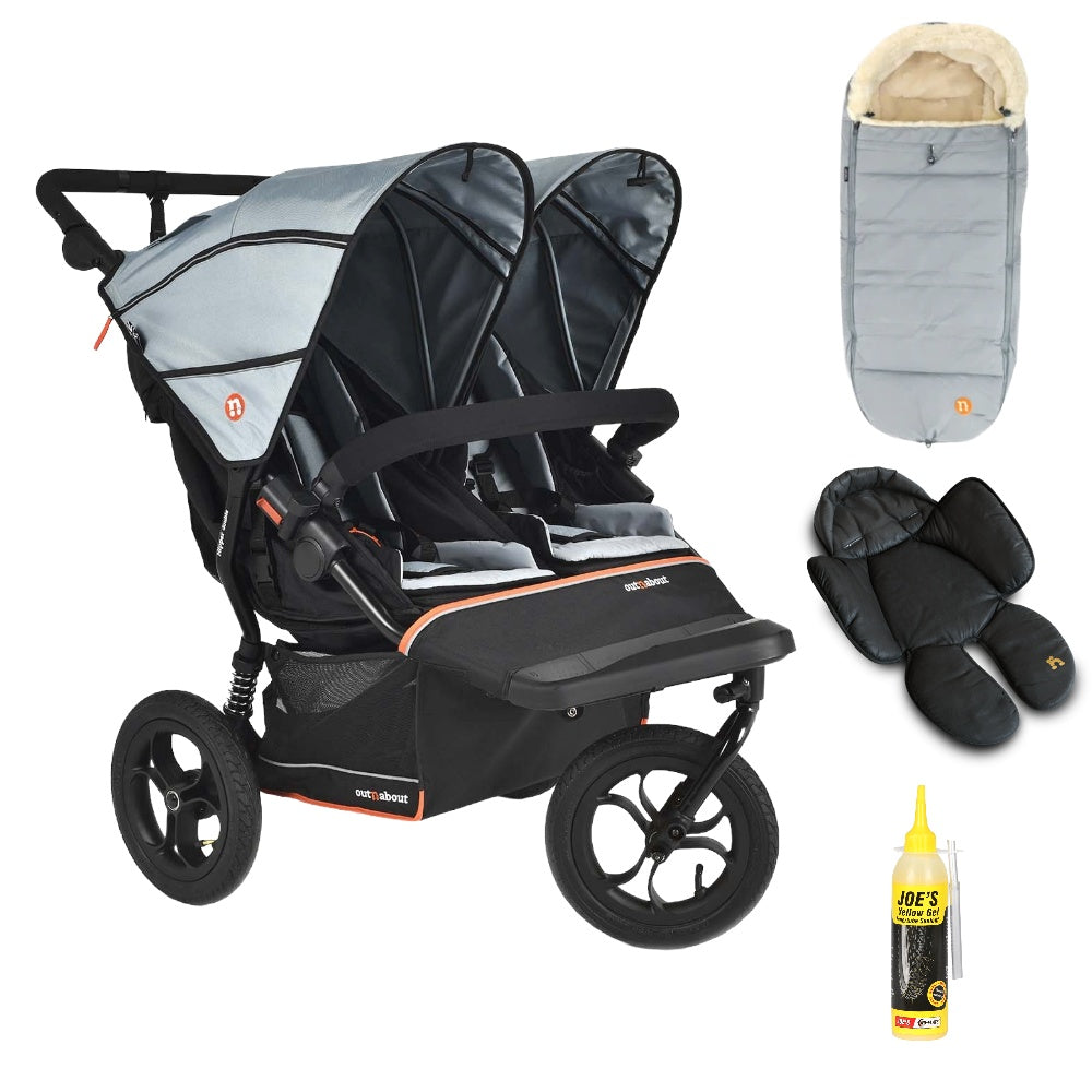Out N About double nipper v6  in rocksalt grey with 1 footmuff and 1 newborn insert. 