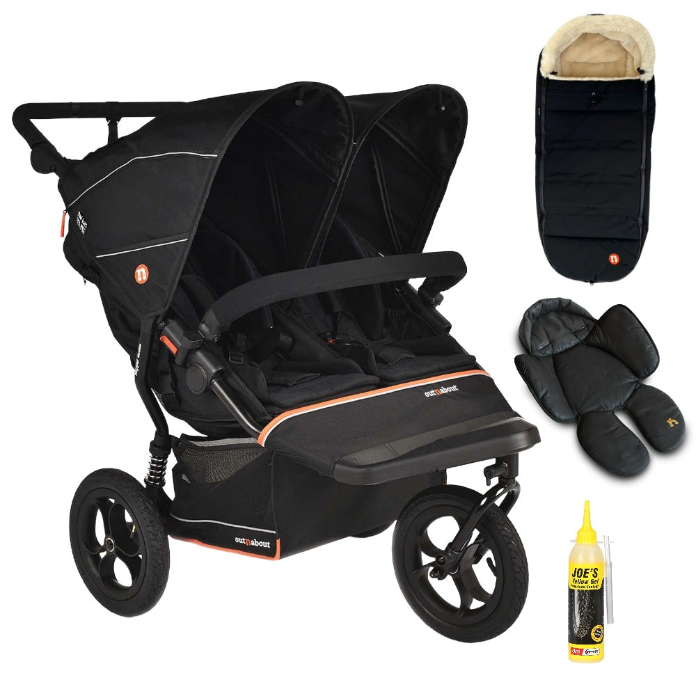 Out N About double nipper v6  in summit black with 1 footmuff and 1 newborn insert. 
