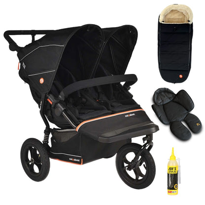 Out N About double nipper v6  in summit black with 1 footmuff and 1 newborn insert. 