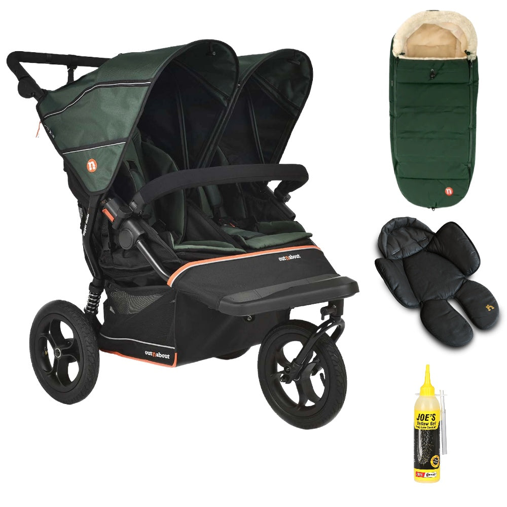 Out N About double nipper v6  sycamore green with 1 footmuffs and 1 newborn insert.