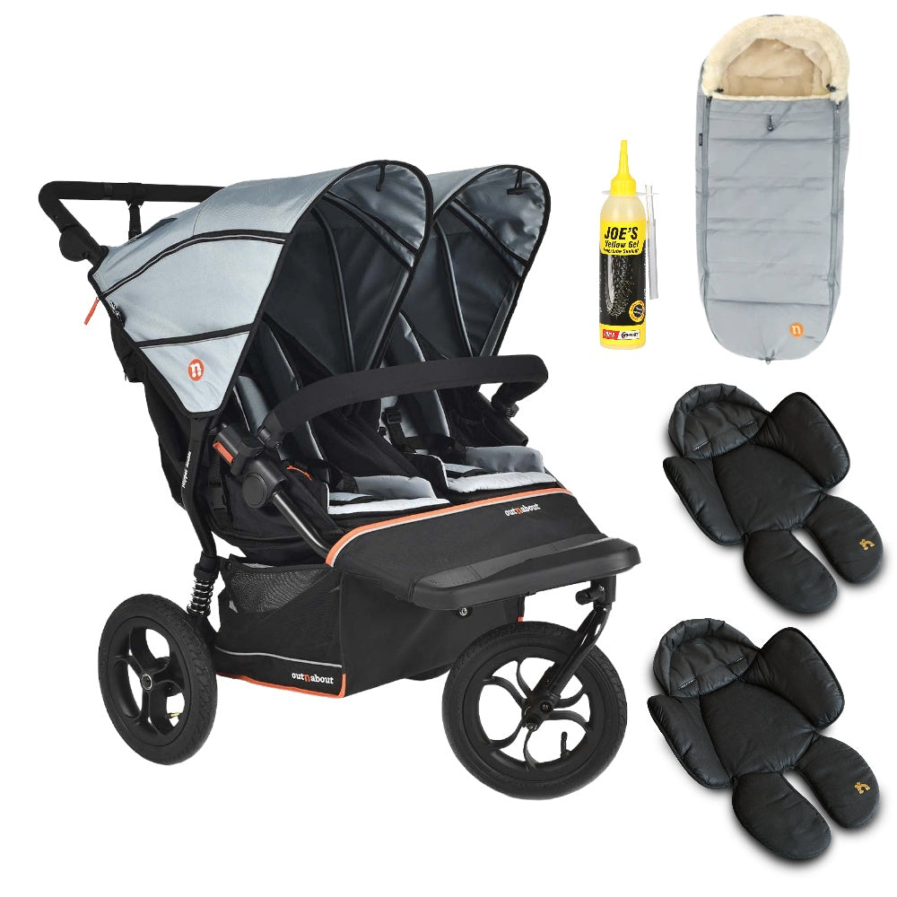 Out N About double nipper v6 rocksalt grey with 1 footmuff and 2 newborn inserts. 