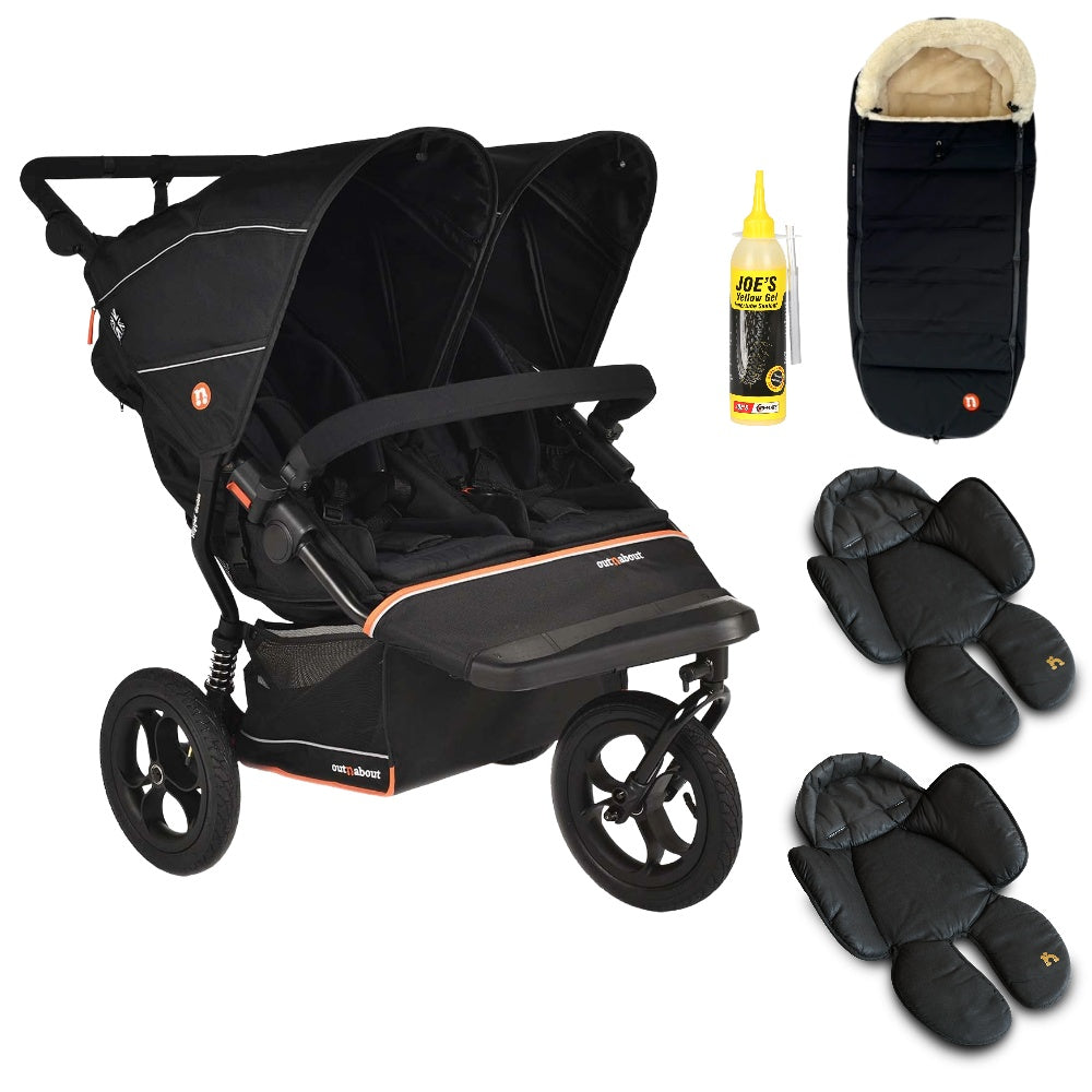 Out N About double nipper v6  in summit black with 1 footmuff and 2 newborn inserts. 
