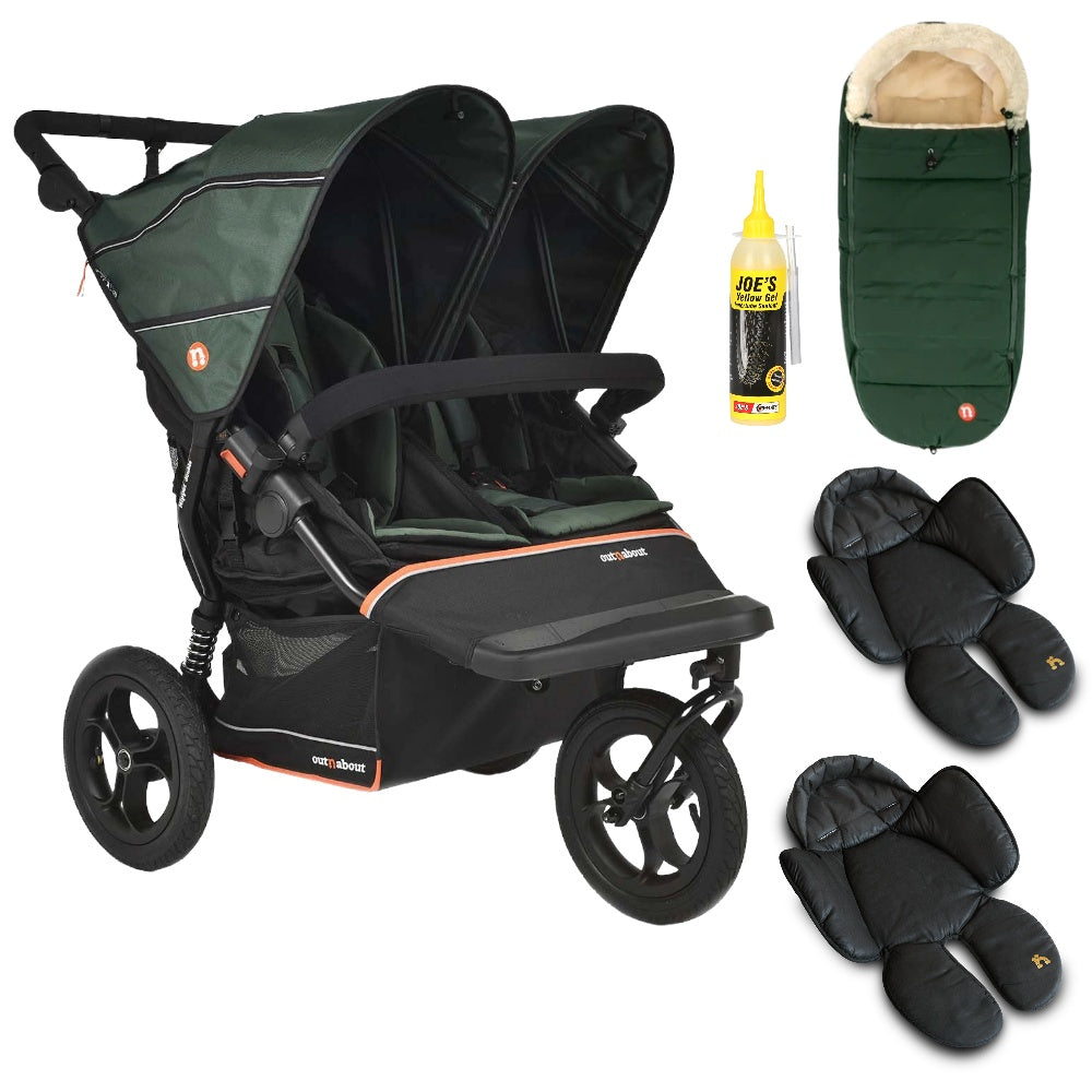 Out N About double nipper v6  sycamore green with 1 footmuff and 2 newborn inserts.