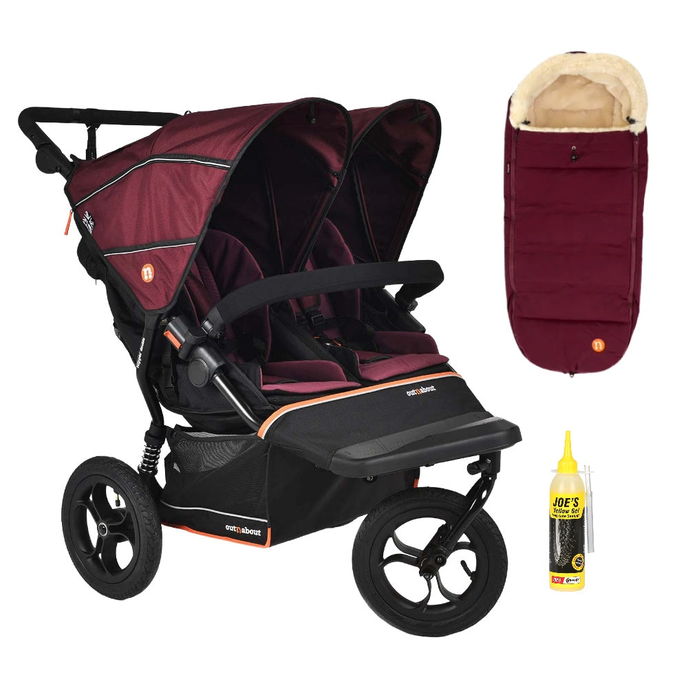 Out N About double nipper v6  in Bramble Berry red with 1 footmuff