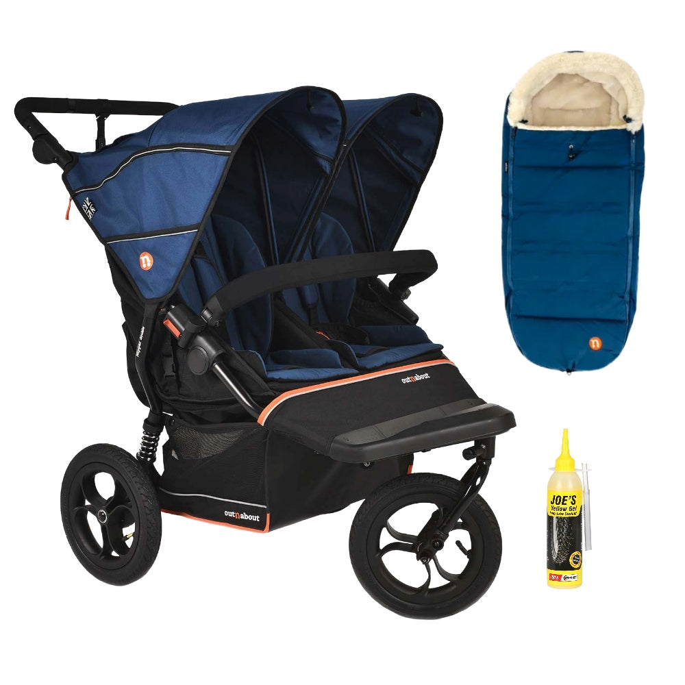 Out N About double nipper v6  in highland blue with 1 footmuff 