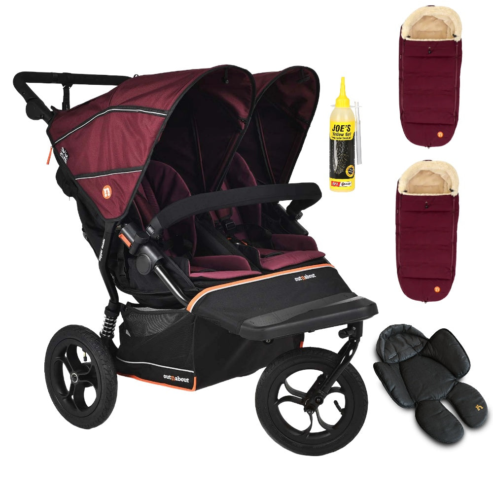 Out N About double nipper v6  in Bramble Berry red with 2 footmuffs and 1 newborn insert.