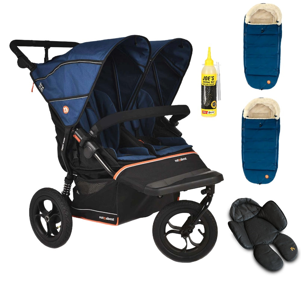 Out N About double nipper v6  in highland blue with 2 footmuffs and 1 newborn inserts.