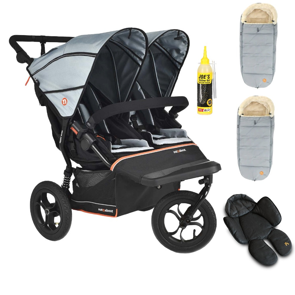Out N About double nipper v6  in rocksalt grey with 2 footmuffs and 1 newborn insert. 