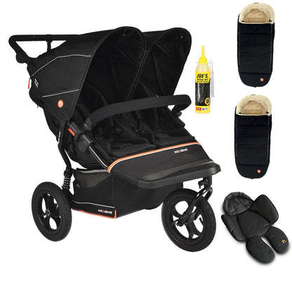Out N About double nipper v6  in summit black with 2 footmuffs and 1 newborn insert. 