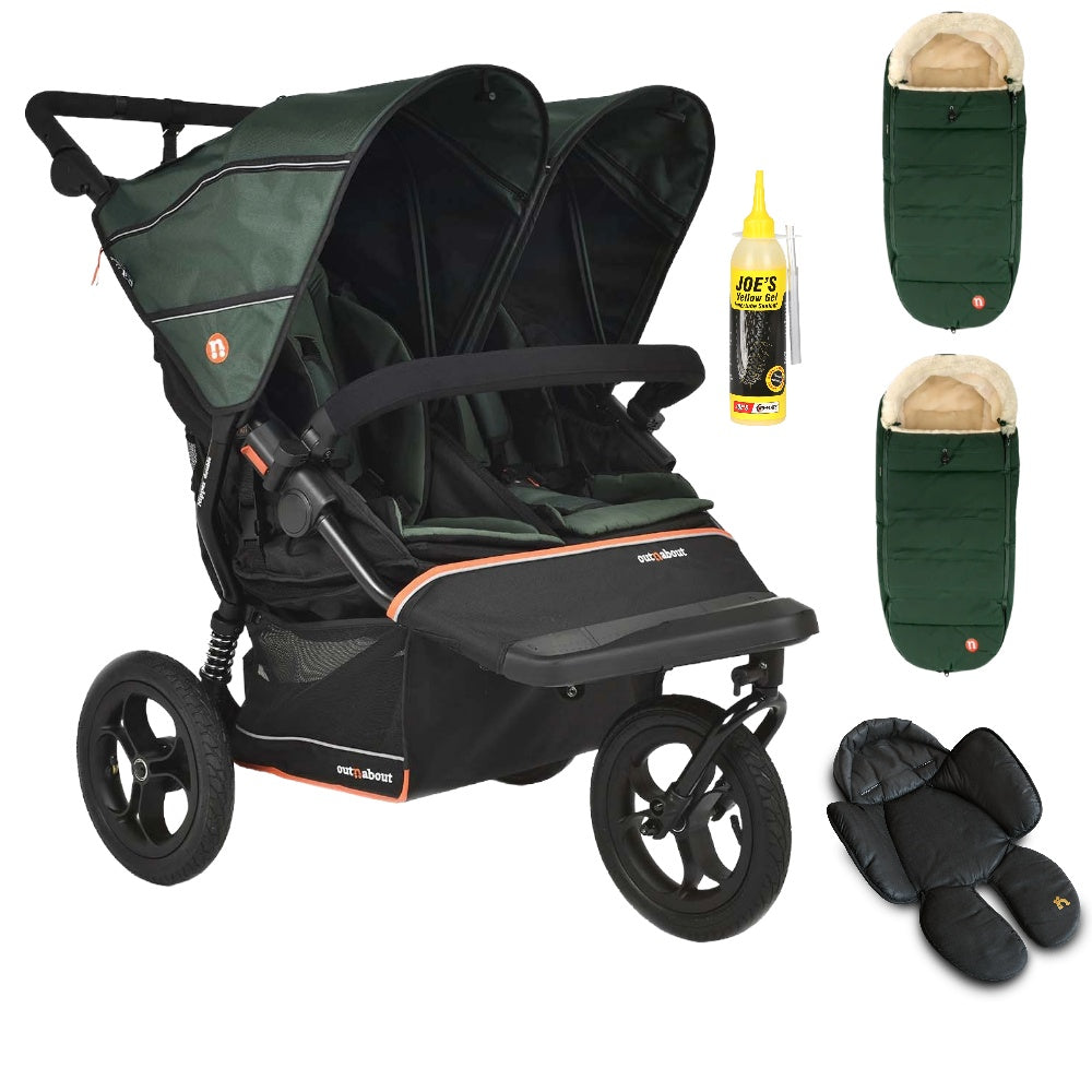 Out N About double nipper v6  sycamore green with 2 footmuffs and 1 newborn insert.