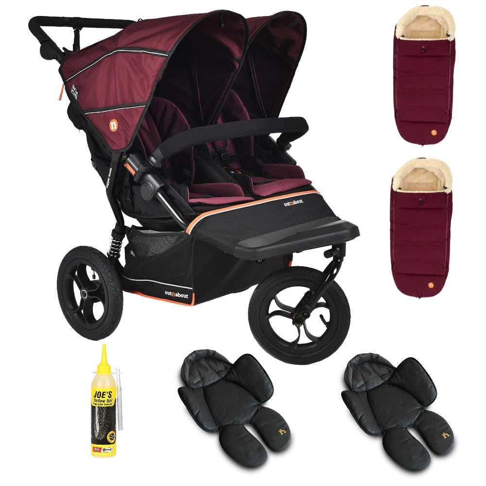 Out N About double nipper v6  in Bramble Berry red with 2 footmuffs and 2 newborn inserts.