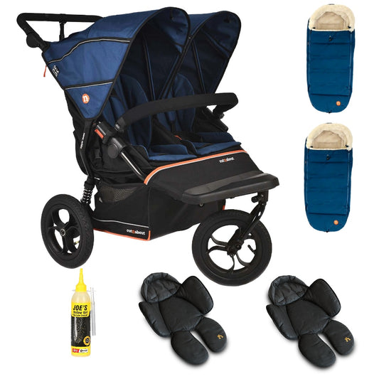 Out N About double nipper v6  in highland blue with 2 footmuffs and 2 newborn inserts.