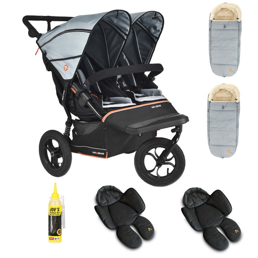 Out N About double nipper v6  in rocksalt grey with 2 footmuffs and 2 newborn inserts. 