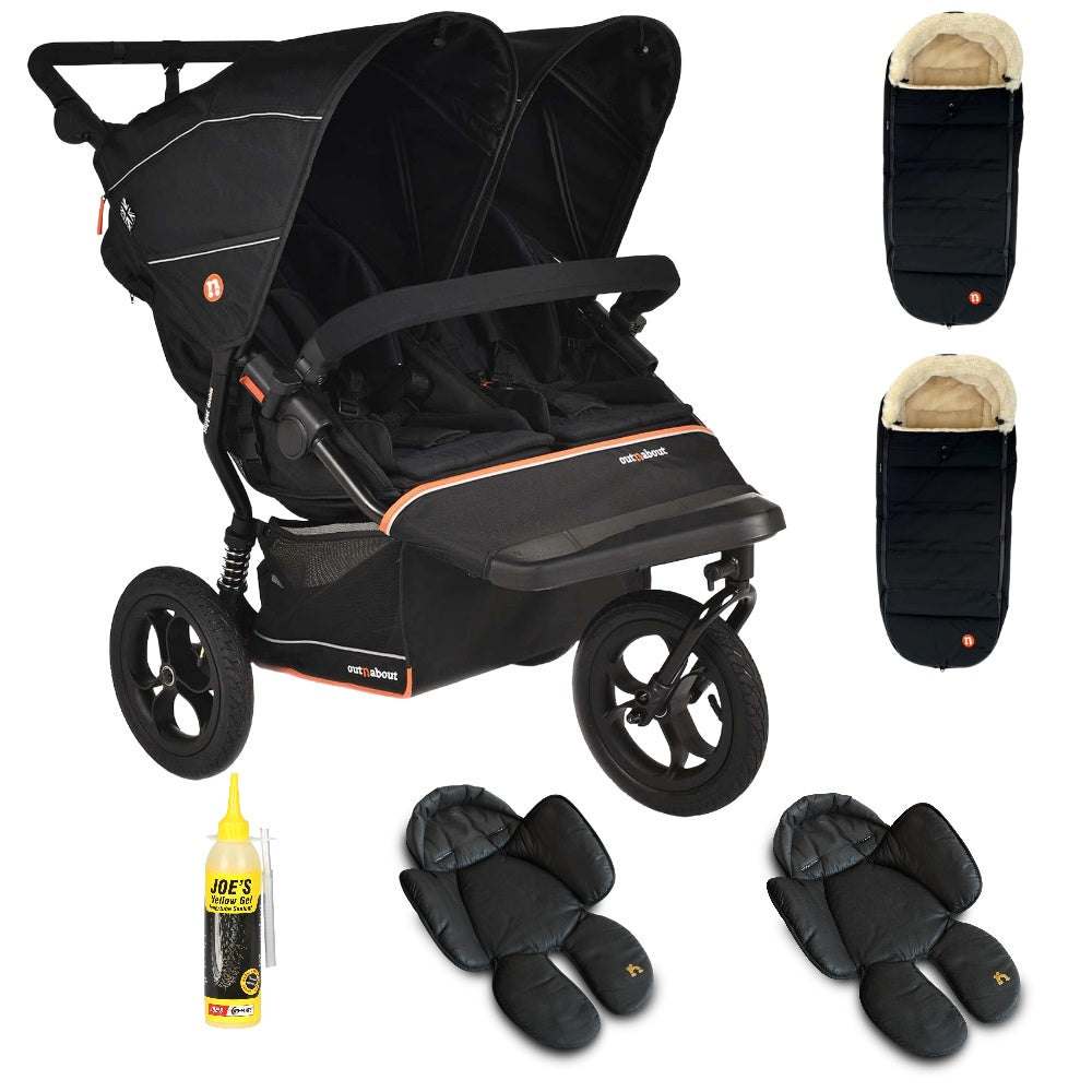 Out N About double nipper v6  in summit black with 2 footmuffs and 2 newborn inserts. 
