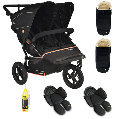 Out N About double nipper v6  in summit black with 2 footmuffs and 2 newborn inserts. 