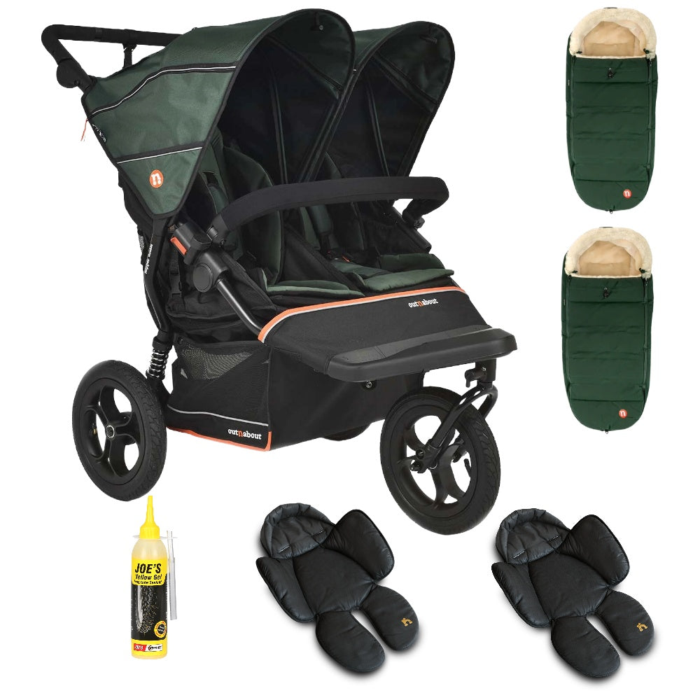 Out N About double nipper v6  sycamore green with 2 footmuffs and 2 newborn inserts.