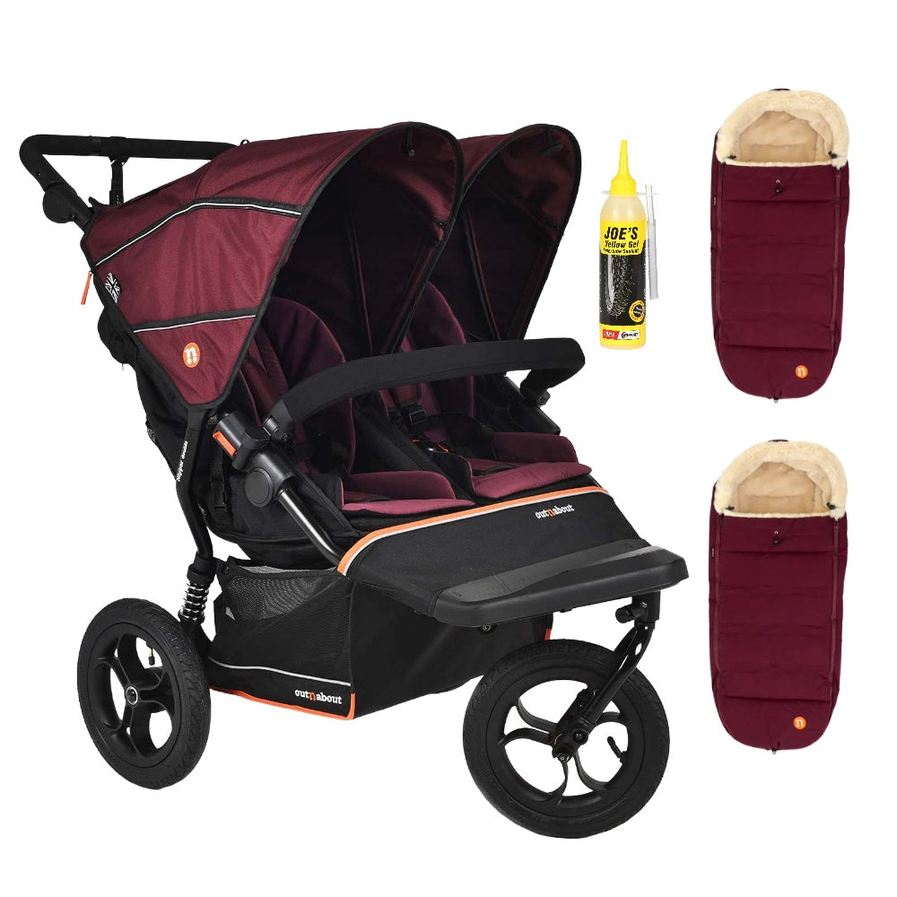 Out N About double nipper v6  in Bramble Berry red with 2 footmuffs