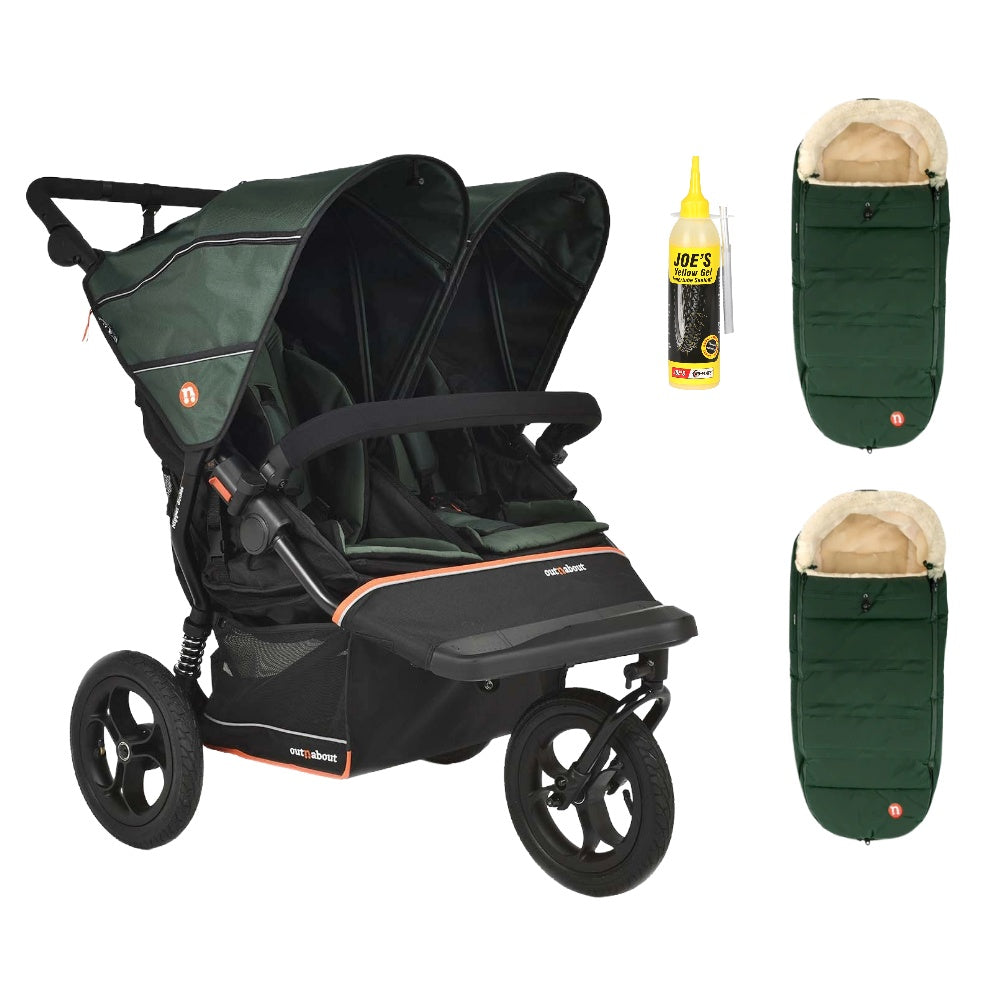 Out N About double nipper v6  sycamore green with 2 footmuffs 