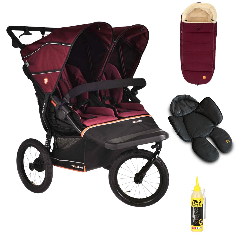 Out n About Nipper PLUS V6 Double in Brambleberry Red way with 1 footmuff and 1 newborn insert.