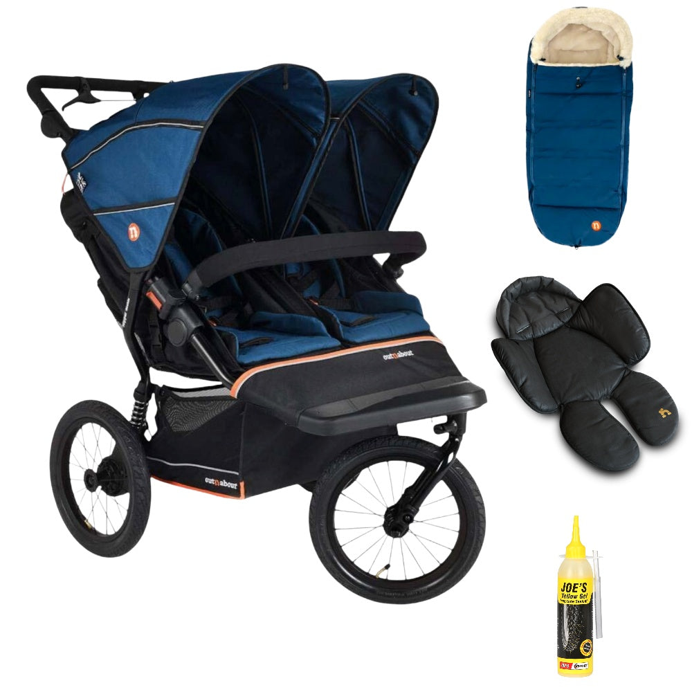 Out n About Nipper PLUS V6 Double in Highland Blue colour way with 1 footmuff and 1 newborn insert.