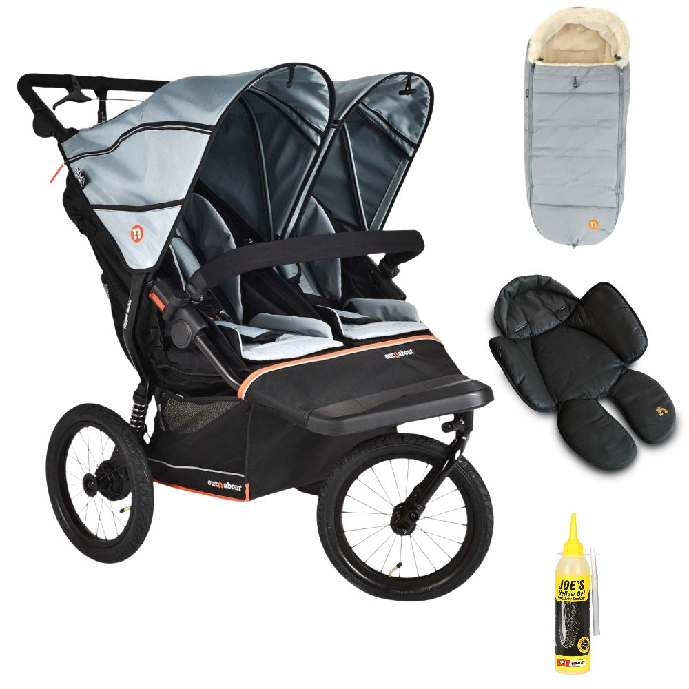 Out n About Nipper PLUS V6 Double in Rocksalt Grey colour way with 1 footmuff and 1 newborn insert.