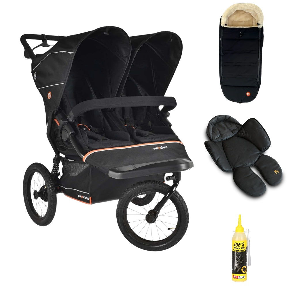 Out n About Nipper PLUS V6 Double in Summit Black colour way with 1 footmuff and 1 newborn insert.