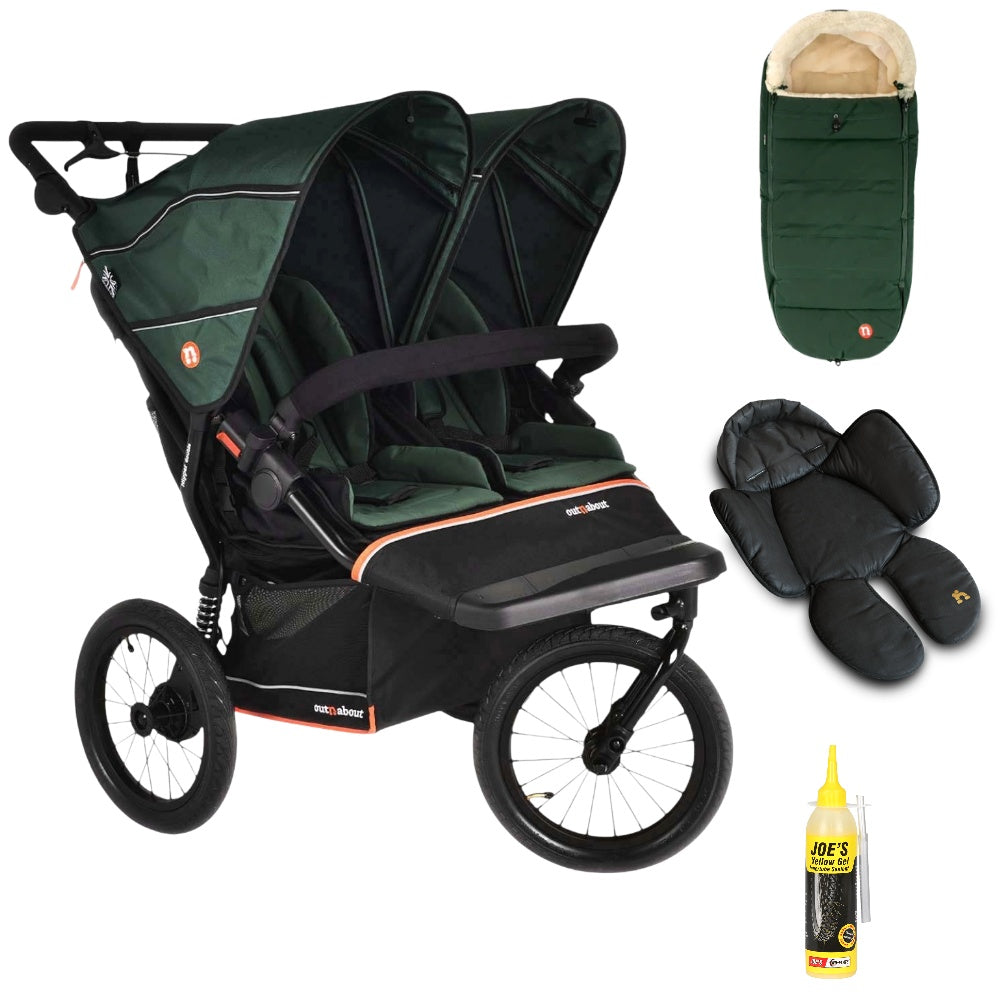 Out n About Nipper PLUS V6 Double in Sycamore Green colour way with 1 footmuff and 1 newborn insert.