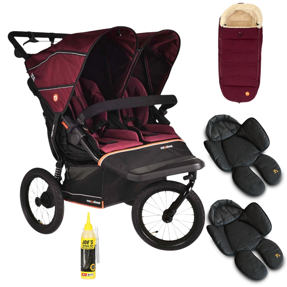 Out n About Nipper PLUS V6 Double in Brambleberry Red way with 1 footmuff and 2 newborn inserts.