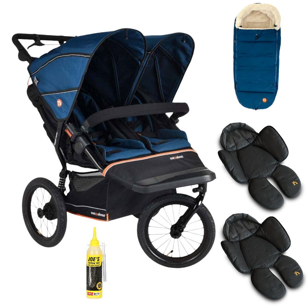 Out n About Nipper PLUS V6 Double in Highland Blue colour way with 1 footmuff and 2 newborn inserts.