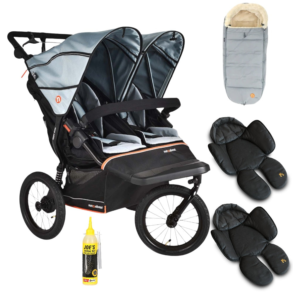 Out n About Nipper PLUS V6 Double in Rocksalt Grey colour way with 1 footmuff and 2 newborn inserts.