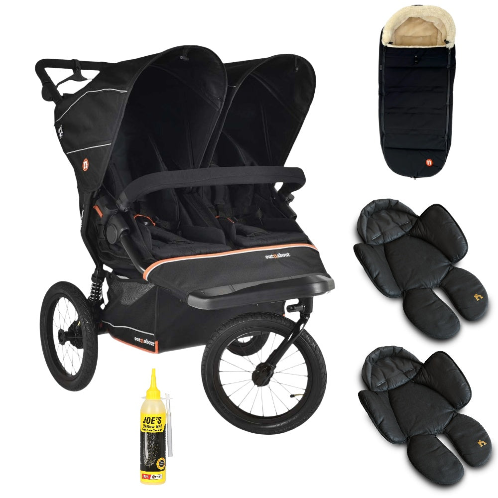 Out n About Nipper PLUS V6 Double in Summit Black colour way with 1 footmuff and 2 newborn inserts.