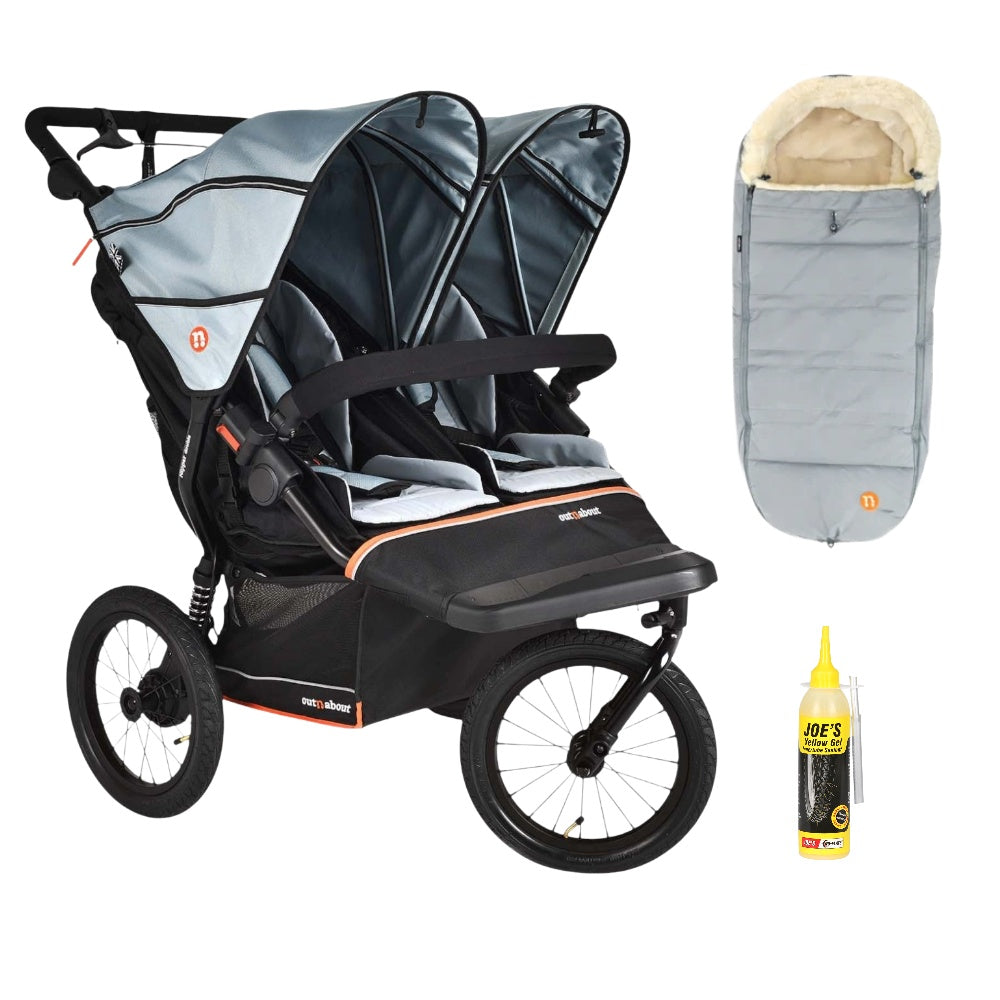 Out n About Nipper PLUS V6 Double in Rocksalt Grey colour way with 1 footmuff.
