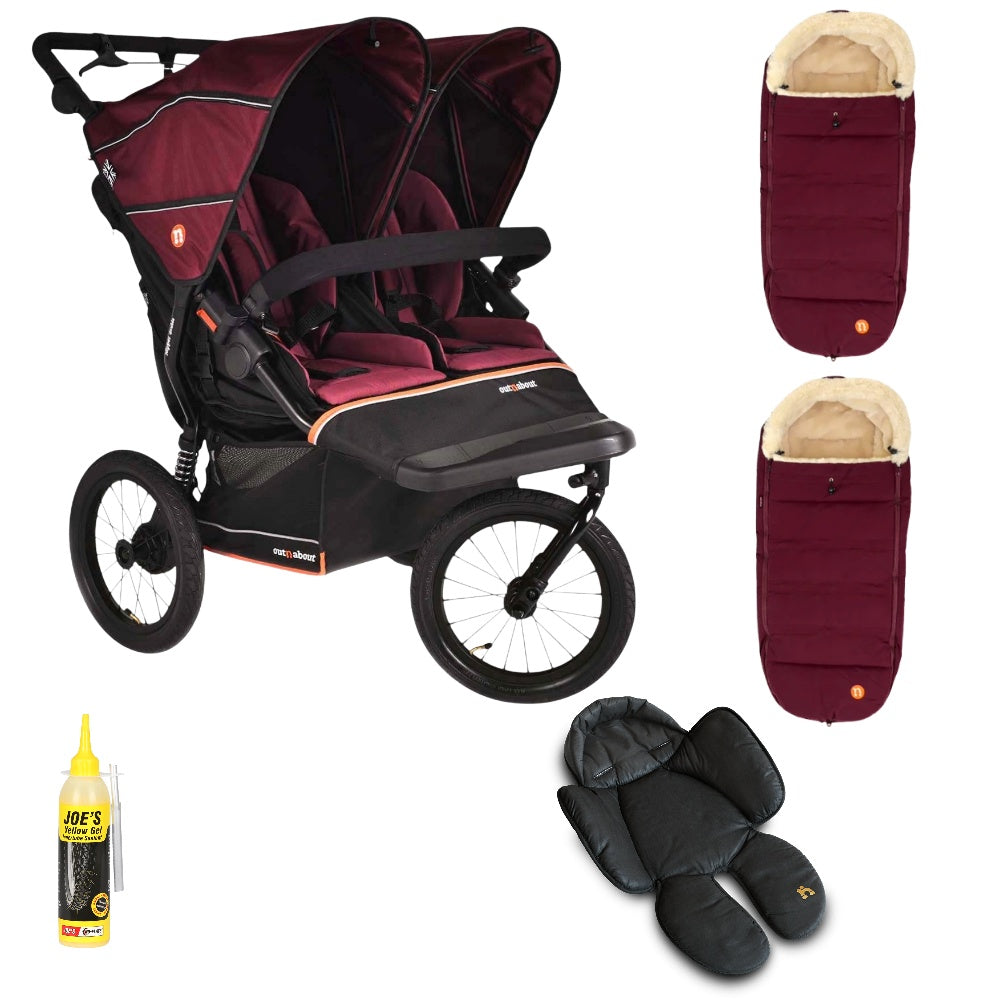 Out n About Nipper PLUS V6 Double in Brambleberry Red way with 2 footmuffs and 1 newborn insert.