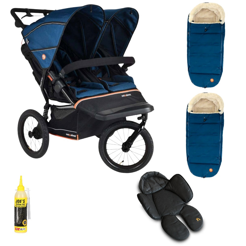 Out n About Nipper PLUS V6 Double in Highland Blue colour way with 2 footmuffs and 1 newborn insert.