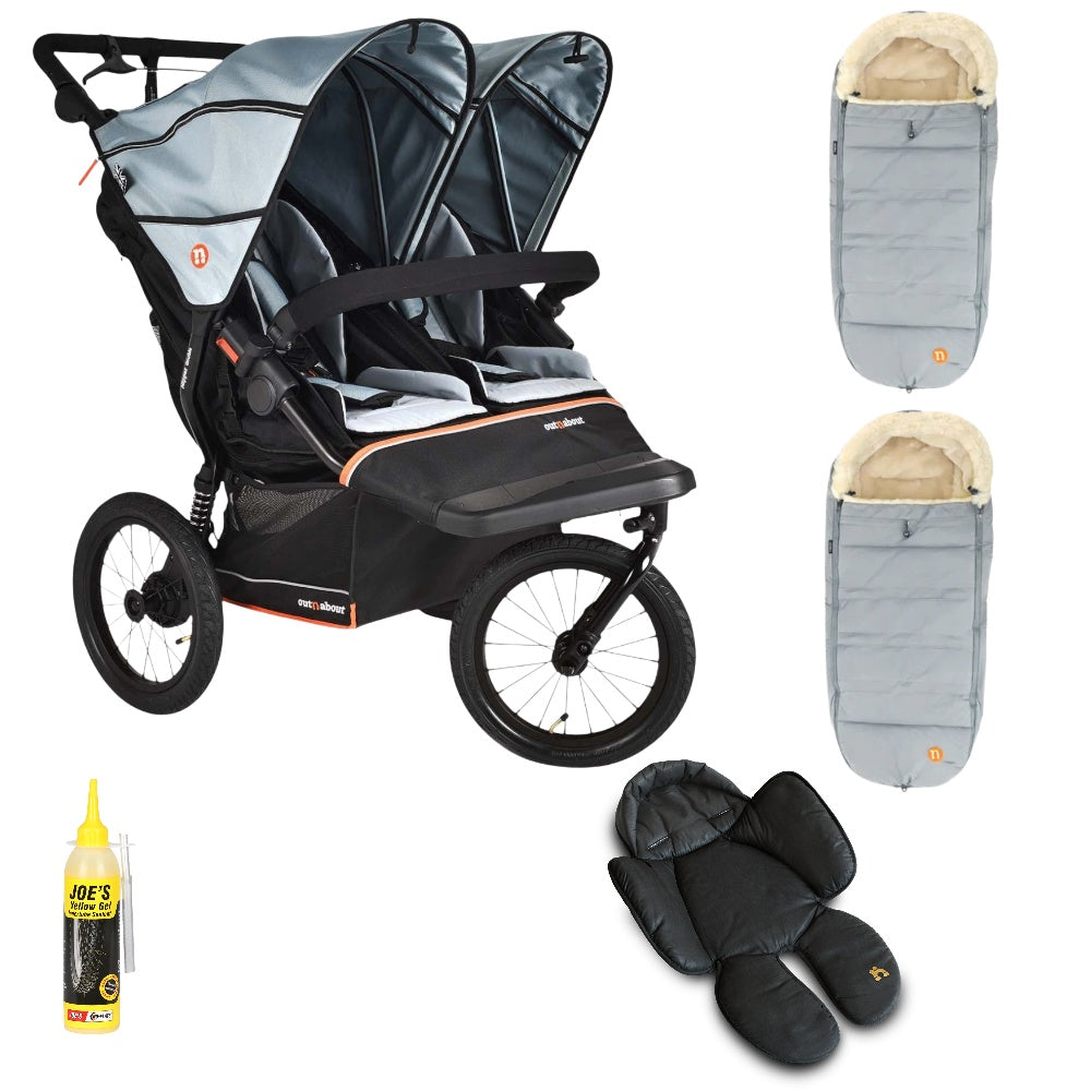 Out n About Nipper PLUS V6 Double in Rocksalt Grey way with 2 footmuffs and 1 newborn insert.