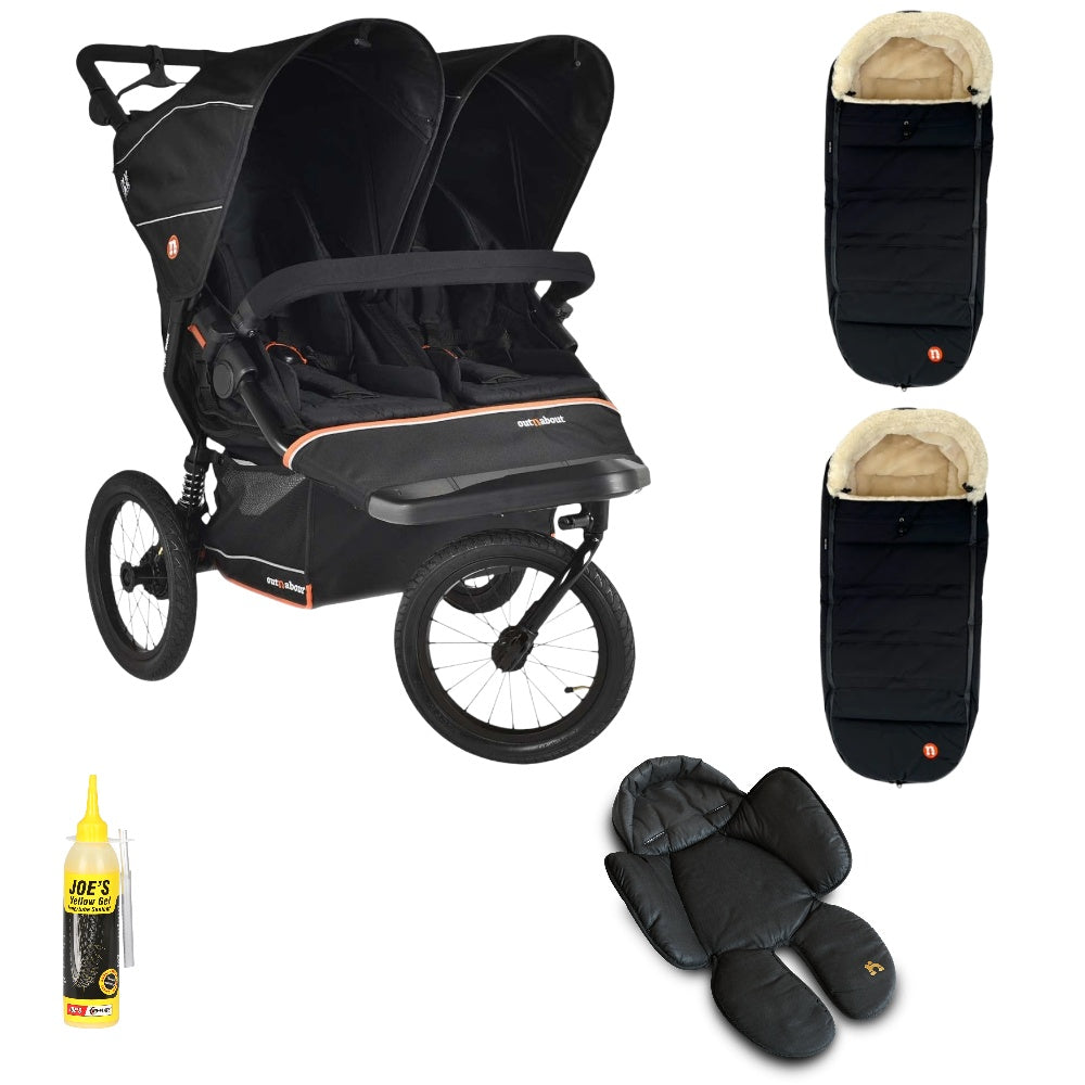 Out n About Nipper PLUS V6 Double in Summit Black colour way with 2 footmuffs and 1 newborn insert.