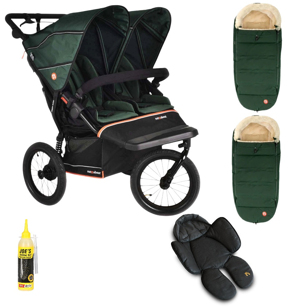 Out n About Nipper PLUS V6 Double in Sycamore Green colour way with 2 footmuffs and 1 newborn insert.