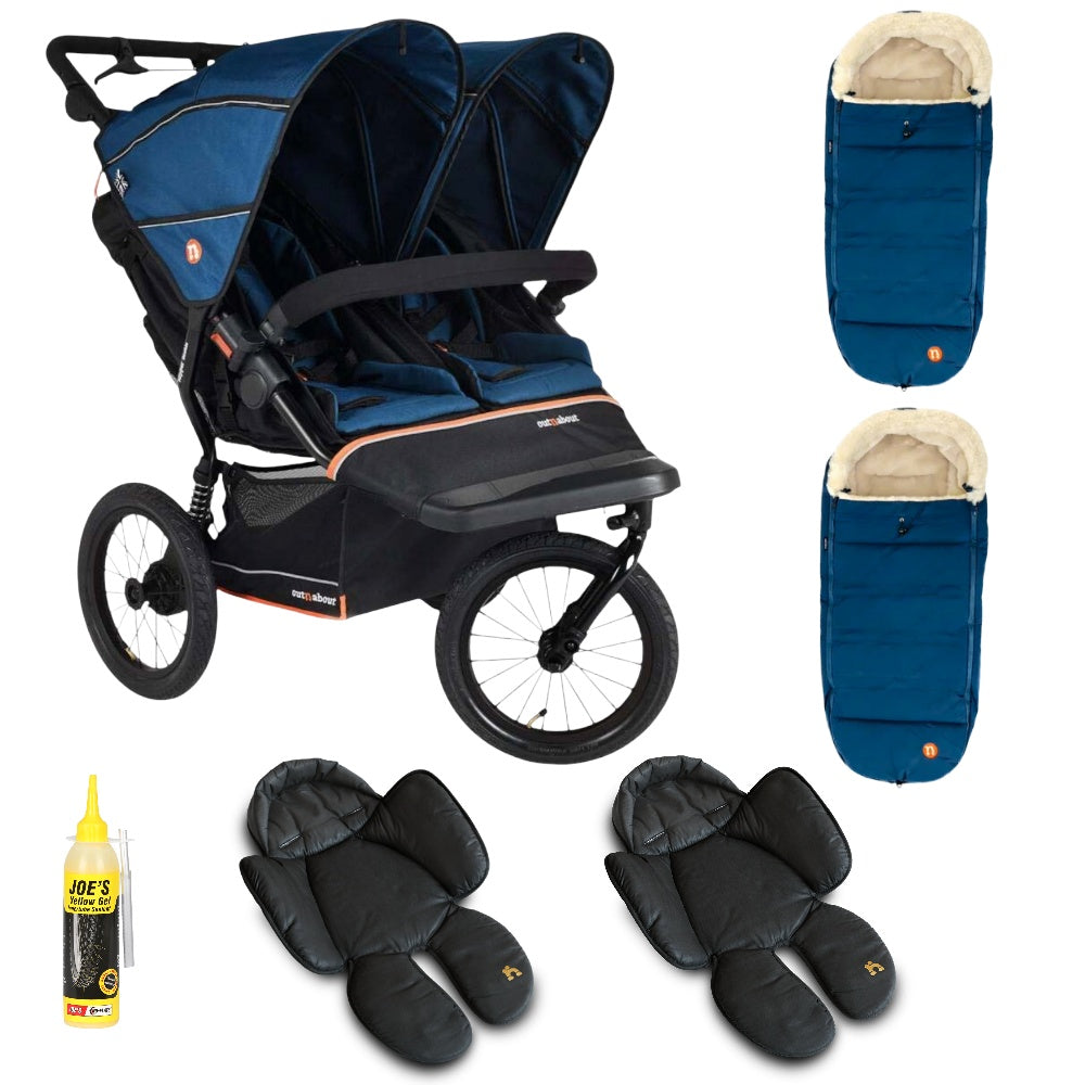 Out n About Nipper PLUS V6 Double in Highland Blue colour way with 2 footmuffs and 2 newborn inserts.