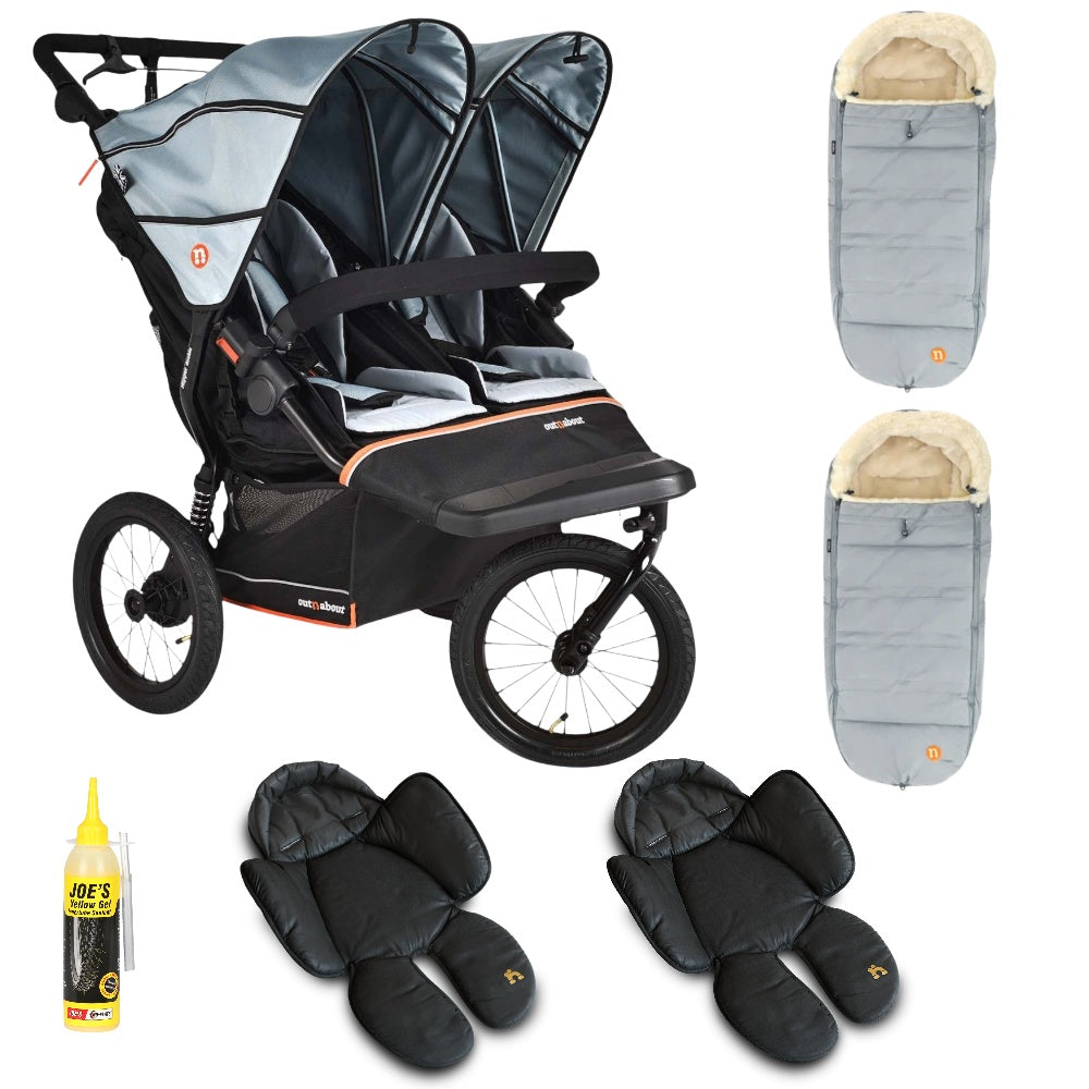Out n About Nipper PLUS V6 Double in Rocksalt Grey way with 2 footmuffs and 2 newborn inserts.